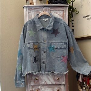 Embellished Gray Denim Jacket with Multicolor Rhinestone Stars